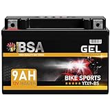 BSA YTX9-BS GEL Motorradbatterie 12V 9Ah 180A/EN Batterie doppelte Lebensdauer entspricht 50812 CTX9-BS ETX9-BS GTX9-BS vorgeladen auslaufsicher wartungsfrei ersetzt 8Ah