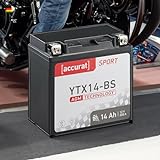 Accurat Motorradbatterie YTX14-BS - 12V, 14Ah, 200A, rüttelfest, wartungsfrei - Starterbatterie, AGM Batterie in Erstausrüsterqualität für Rasentraktor, Roller, Motorrad, Quad