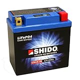Motorrad Batterie Shido Lithium LTX14L-BS / YTX14L-BS, 12V, CCA: 240A, Maße (mit Adapter): 150x87x145